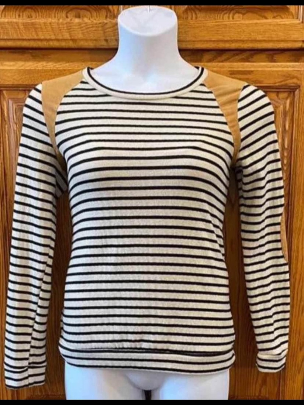 Striped Cream & Black Long-Sleeve Top with Tan Shoulder & Elbow Panel Detail